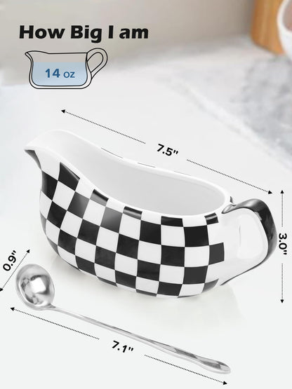 LoeJan Gravy Boat with Spoon, Ceramic Sauce Serving Dish, Easy-Pour Big Dripless Lip Spout Serveware Set For Salad Cream Milk Broth Black Pumpkin Thanksgiving