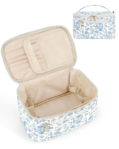 Travel Makeup Bag with Brush Compartment, Large Cosmetic Bags, Quilted Fabric Makeup Case with Handle, Water-Resistant for Women, Blue Flower (Patent Pending)