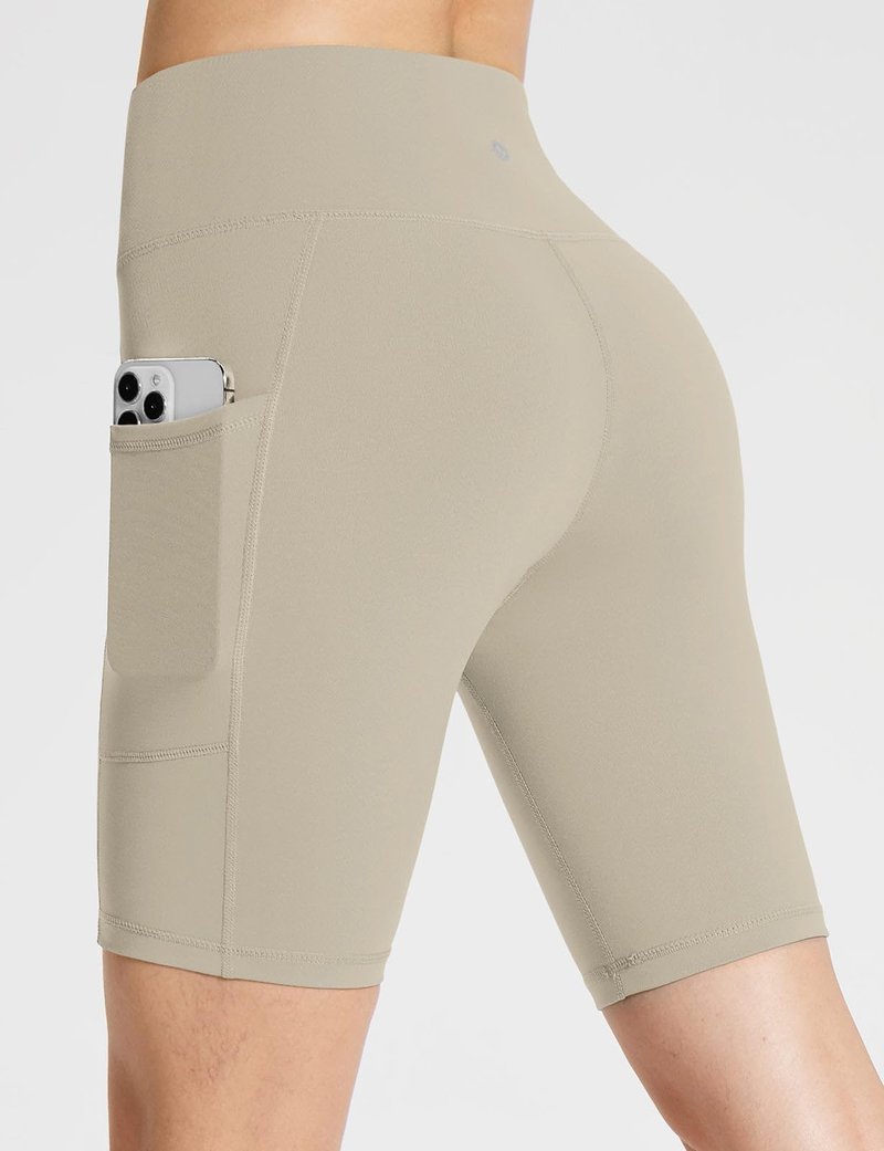 baleaf Biker Shorts Women Yoga Gym Workout Spandex Running Volleyball Tummy Control Compression with Pockets 8" Khaki S