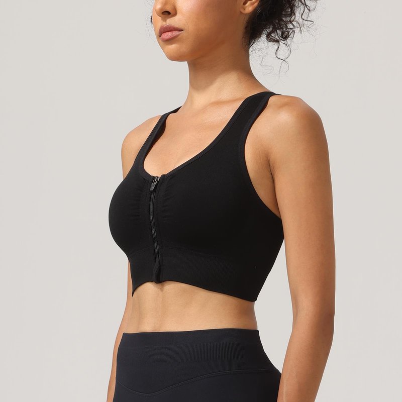 SPORME RUNNING Zip Front Sports Bra for Women - Medium Support Racerback Workout Bra with Removable Pads & Double Hooks（Black）