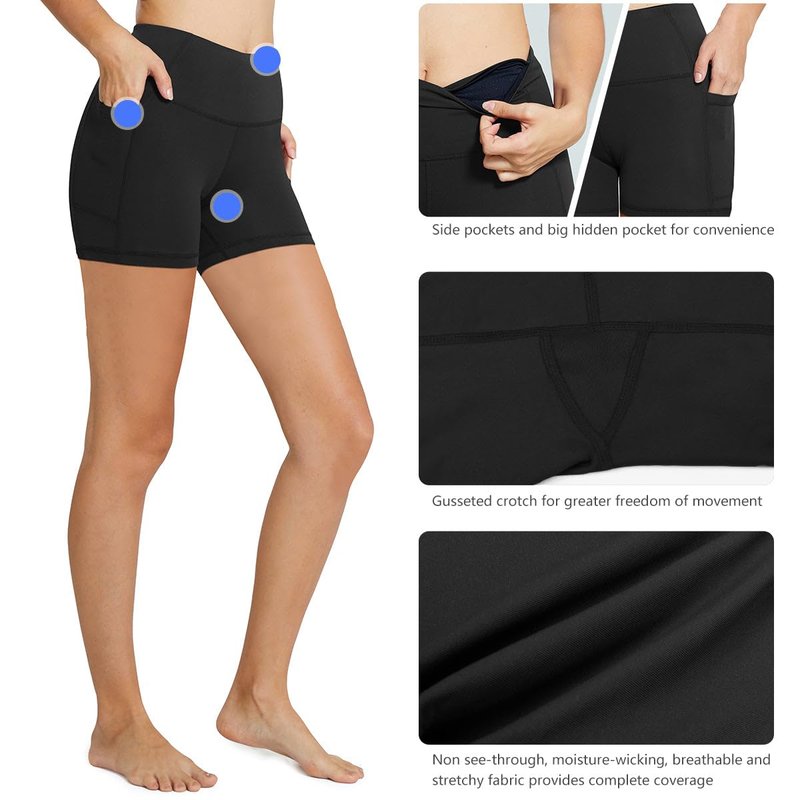 baleaf Biker Shorts Women Yoga Gym Workout Spandex Running Volleyball Tummy Control Compression with Pockets 5" 2-Pack Black/Black L