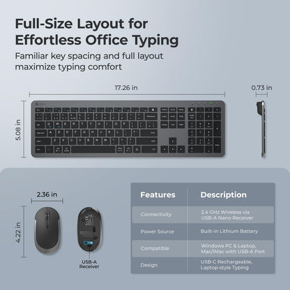 Wireless Keyboard and Mouse Set, iClever Keyboard and Mouse Rechargeable Full Size with Numeric Keypad, Energy Saving 2.4G USB Ultra Slim Silent Wireless Keyboard for Mac OS/Windows/Computer/Laptop
