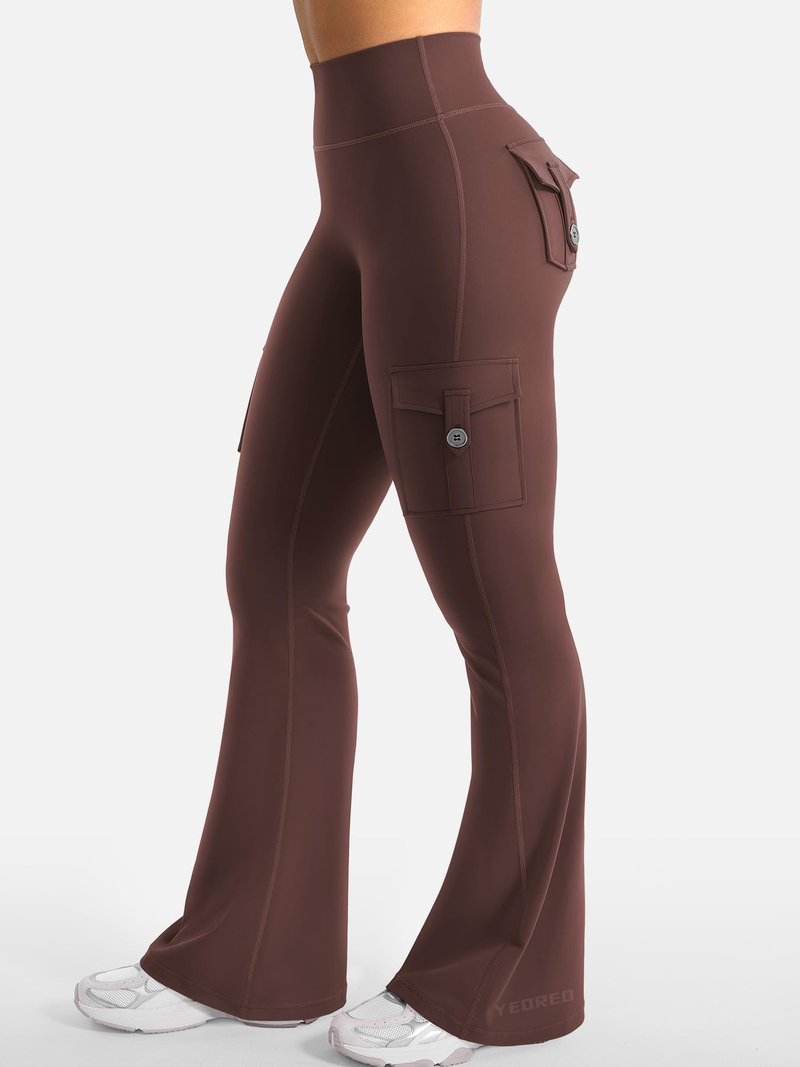 YEOREO CoreFlex Women Workout Flare Leggings with Pockets Hidden Scrunch Cargo Gym Yoga No Front Seam Leggings Chocolate S