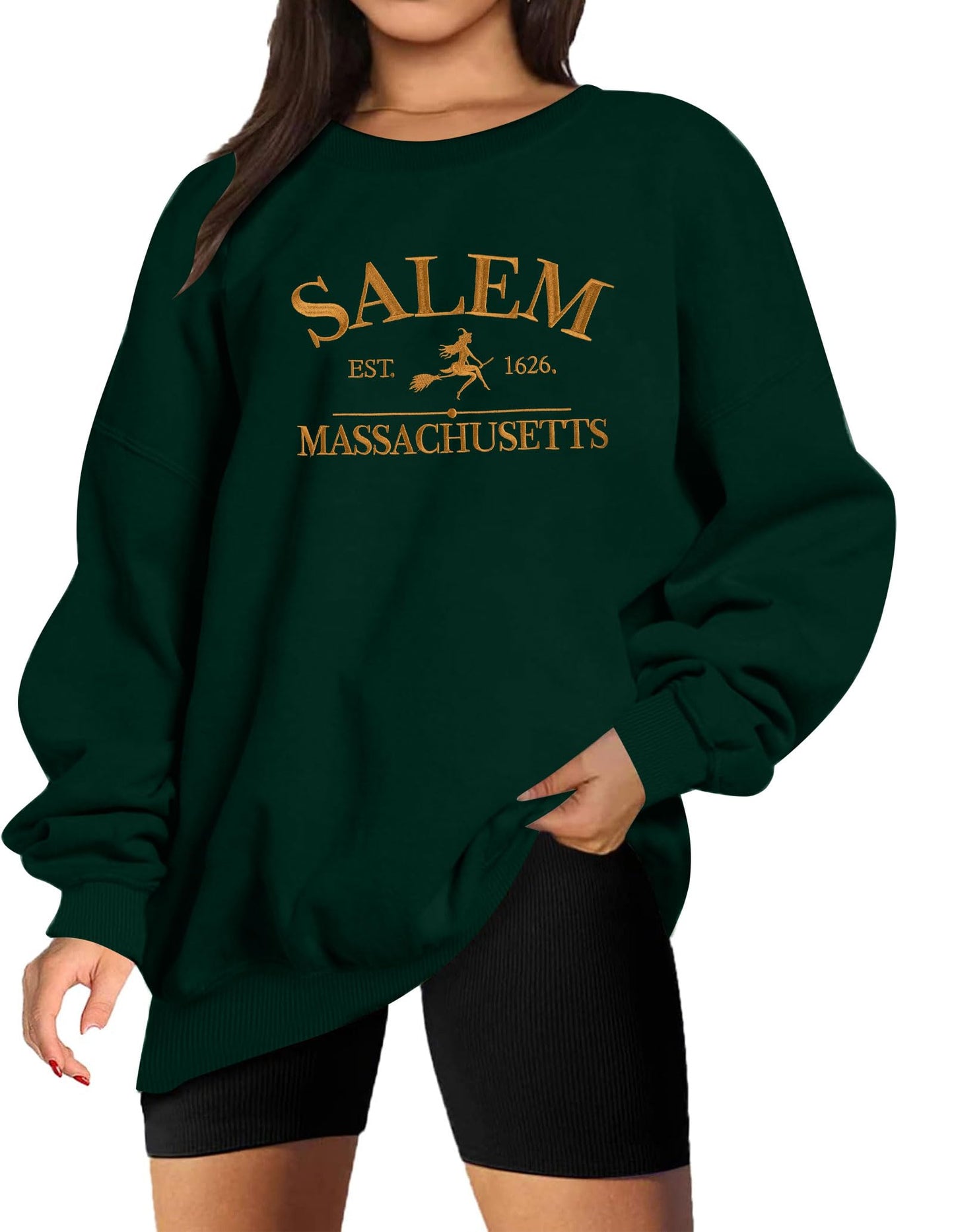 MYHALF Halloween Sweatshirts Women Oversized Salem Massachusetts Shirts Hocus Pocus Tees Tops Fall Holiday Crew Neck Pullover Green