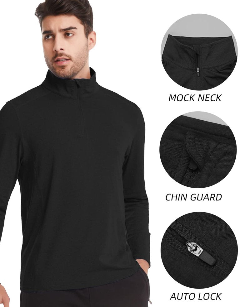 MEETYOO Quarter Zip Pullover Men,Long Sleeve Polo Shirts for Golf,1/4 Quick Dry UPF 50+ Sun Protection Sport Rash Guard Black