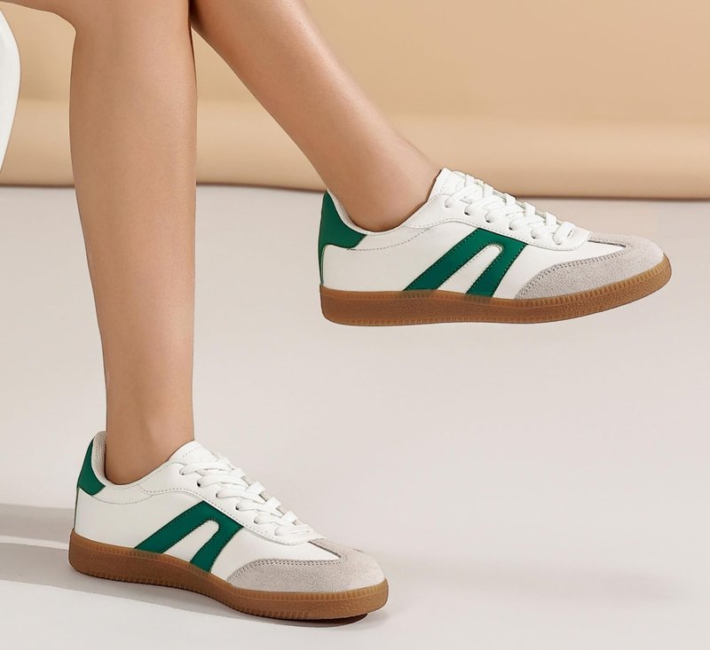 Women's Retro Gum Sole Fashion Sneakers-Lace Detail Casual Retro Walking Shoes-Gum Sole Casual Tennis-Anti Slip Trainers（Green/White,8.5）
