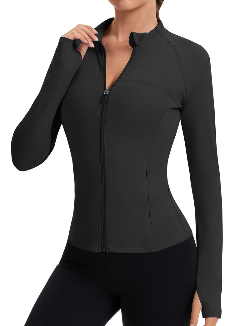 Rapbin Long Sleeve Workout Tops for Women Light Weight Zip Up Jackets Cropped Jacket with Thumb Holes (Black S)