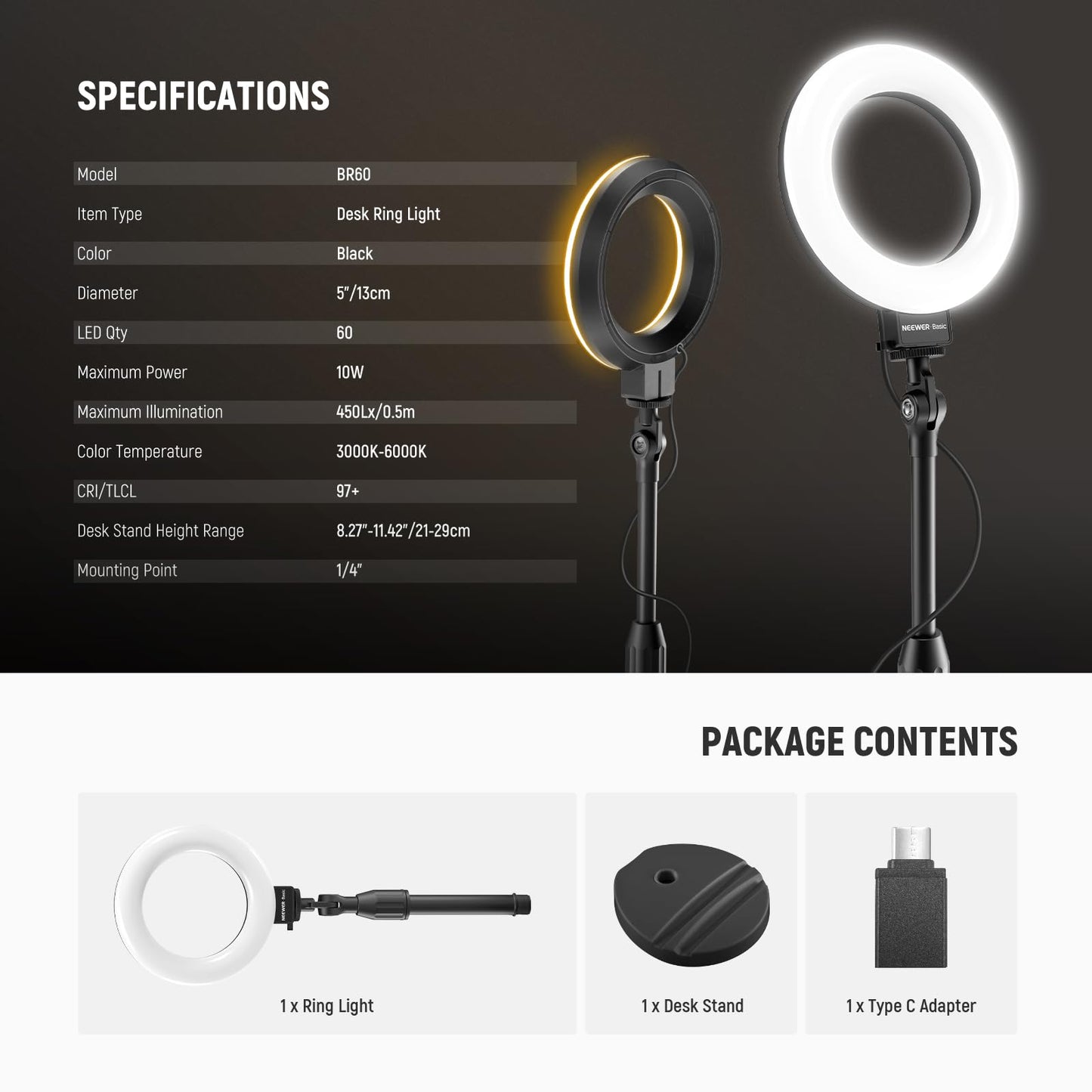 NEEWER BASICS 5"/13cm Desk Ring Light with Stand, Phone Holder Base, 10W LED Selfie Light Compatible with iPhone for Video Recording Laptop Webcam Zoom Video Conference Lighting Makeup, Black BR60