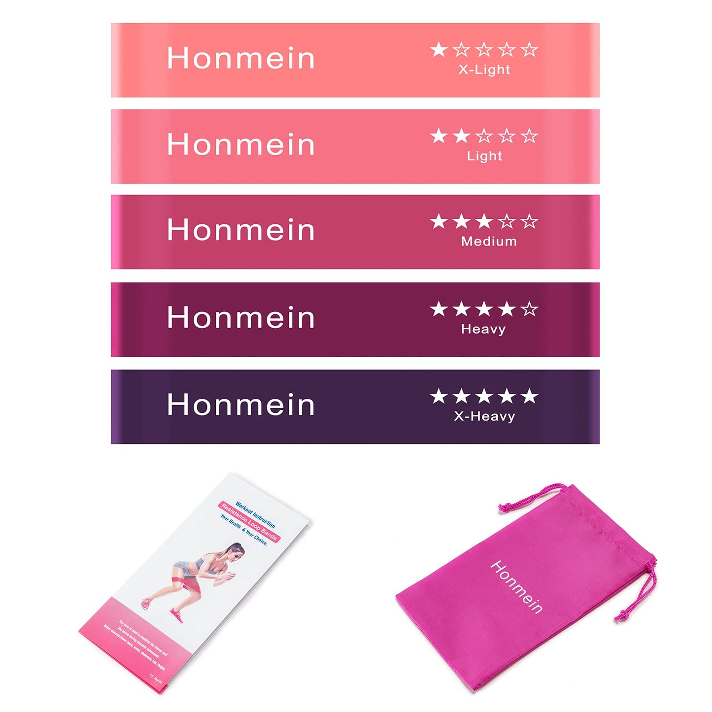 Honmein Resistance Bands for Working Out, Exercise Bands with 5 Resistance Levels Fit for Home Fitness, Strength Training, Natural Latex Resistance Band Include Instruction Guide and Carry Bag (Pink)