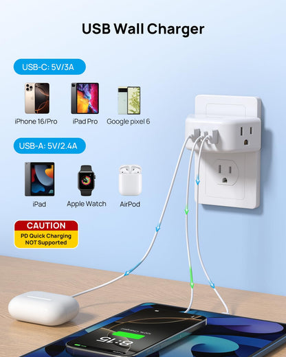 TROND Multi Plug Outlet Extender 2 Pack - Electrical Wall Splitter, 3 Way Angled Wall Outlet Adapter, Cruise Essentials, Small Multiple Plug Expander for Cruise Ship Home Office Dorm Room, White
