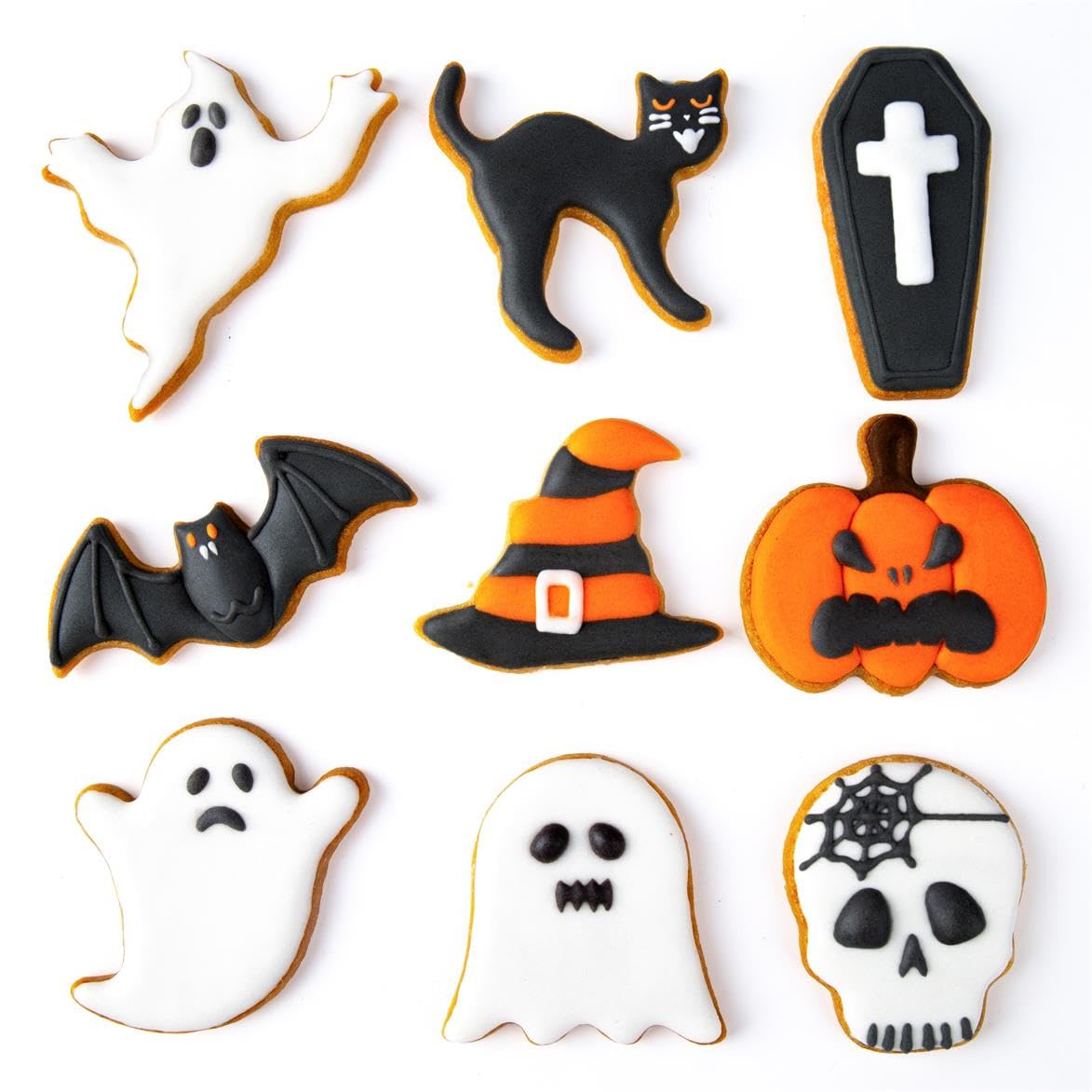 QtoiKce Halloween Cookie Cutters Set,9 Piece Stainless Steel Metal Halloween Cookie Cutters Shapes - Pumpkin, Ghosts, Bat, Black Cat, Witch's Hat, Skull, Coffin, 1, Silver