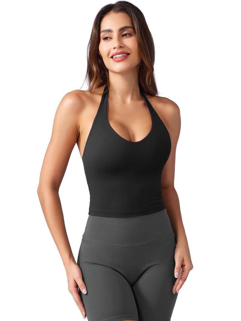 YEOREO CoreFlex Women's Halter Crop Top V Neck Workout Going Out Tank Top Padded Sleeveless Backless Trendy Summer Camisole Black Small