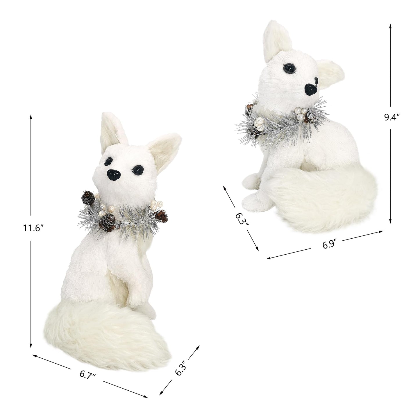 naturevibe 11.6 Inches Sisal Arctic Fox Figurine with Silver Garland Set of 2, Realistic Woodland Christmas Decor Animals as Winter Wonderland Decorations,Christmas Centerpiece or Fireplace Decor