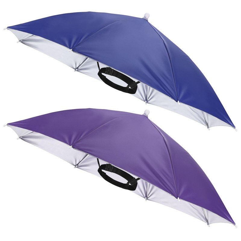TIXIPEM 26" Headband Umbrella Hat [2 Pcs] - Hand Free Foldable Umbrella Cap Sun Hat Use for Fishing & Gardening & Golf & Camping - [Navy Blue+Purple] Silver Coating Top Outdoor