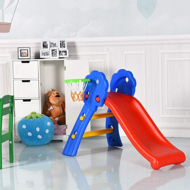 KOTEK Folding Toddler Slide for Indoor and Outdoor, Freestanding Plastic Baby Slide Climber Playset, Easy to Store, Anti-Slip Steps, Kids Playground Toy Ages 3-5 (Blue with Basketball Hoop)