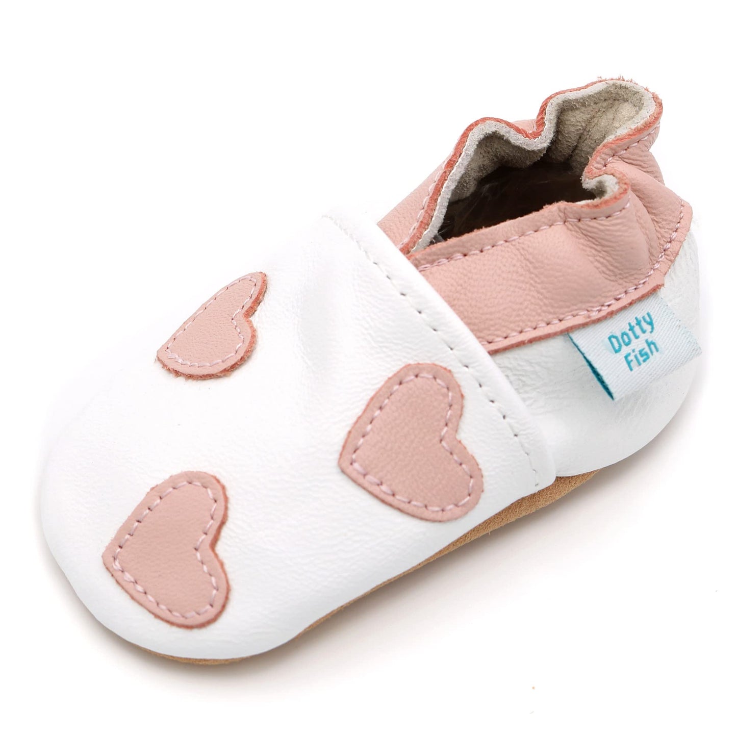 Dotty Fish Girls Soft Leather Baby and Kids Barefoot Shoes. Non-Slip Suede Soles. Elasticated Ankles, Podiatry Approved, Breathable, Lightweight & Flexible - White & Pink Hearts 12-18 Months