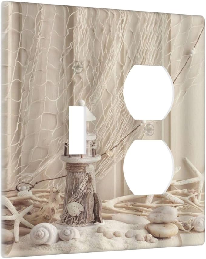 Decorative Light Switch Cover Plate Nautical Coastal Seashell Fishing Net Ocean Lighthouse Starfish 2 Gang Outlet Covers 1 Toggle 1 Duplex Wall Plate Electrical Switch Plate Covers for Bathroom Home
