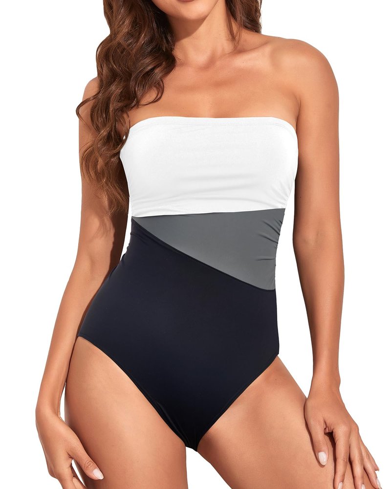 Holipick Women Black White Grey Strapless Bandeau One Piece Swimsuits Tummy Control Bathing Suits Halter Strapless Swimwear M