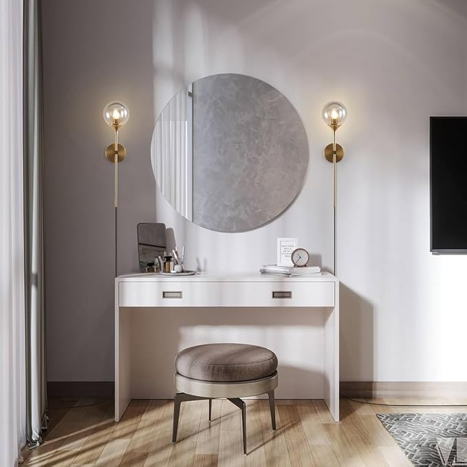 BOKT Mid Century Smoke Glass Bathroom Wall Light Plug in Set of 2 Brushed Brass Gold Long Globe Wall Sconce Lighting Plug in Cord Set of Two Industrial Wall Lamp (Smoke Gray-Plug in)