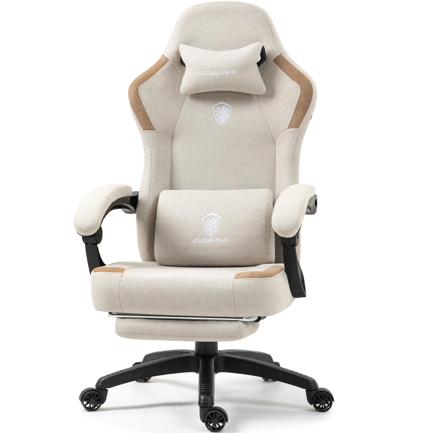 Dowinx Fabric Gaming Chair with Pocket Spring Cushion,Breathable Computer Chairs with Massage Lumbar Support and Footrest,High Back Game Office Chair for Adult,Beige