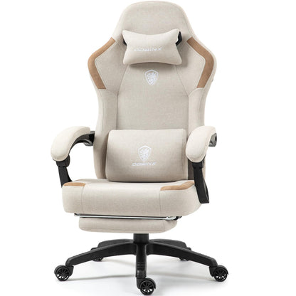 Dowinx Fabric Gaming Chair with Pocket Spring Cushion,Breathable Computer Chairs with Massage Lumbar Support and Footrest,High Back Game Office Chair for Adult,Beige