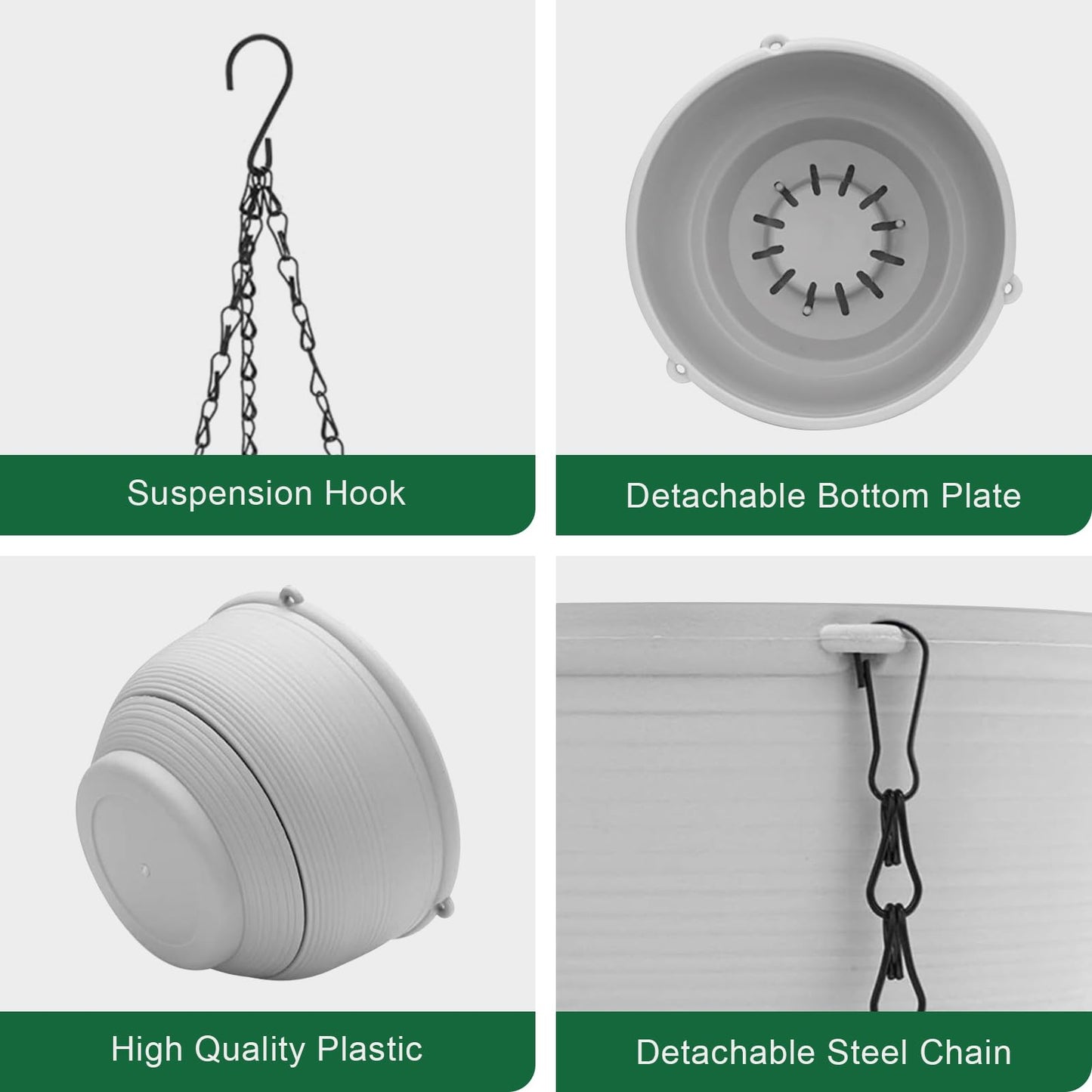 GROWNEER Plastic Hanging Planter 2 Packs 8 Inch Self Watering Pots Plants Hanger Baskets with 6 Pcs Hooks, Flower Pot with Detachable Base for Garden Indoor Outdoor (Grey)