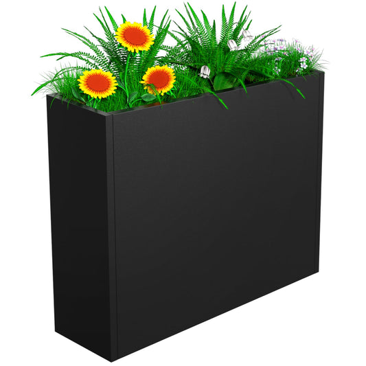POOAMY Metal Planter, 36L x 12W x 26H, Heavy Duty Tall Planters for Outdoor Plants, Black Planters with Removable Insert Shelf, Large Planters with Drainage Holes for Porch, Patio and Yard, Black