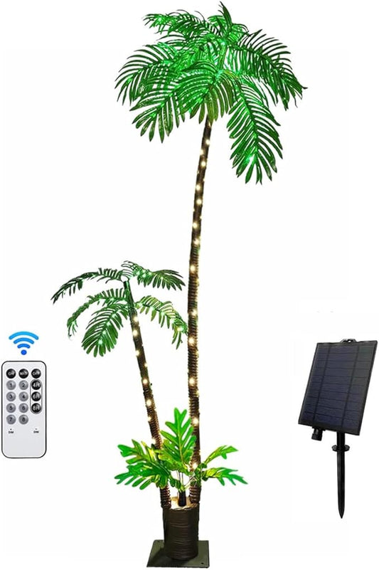 Solar Artificial Palm Trees for Outside Patio,Lighted Palm Tree 6Ft LED Christmas Tree Fake Tropical Plant Light for Tiki Bar Pool Porch Deck Party