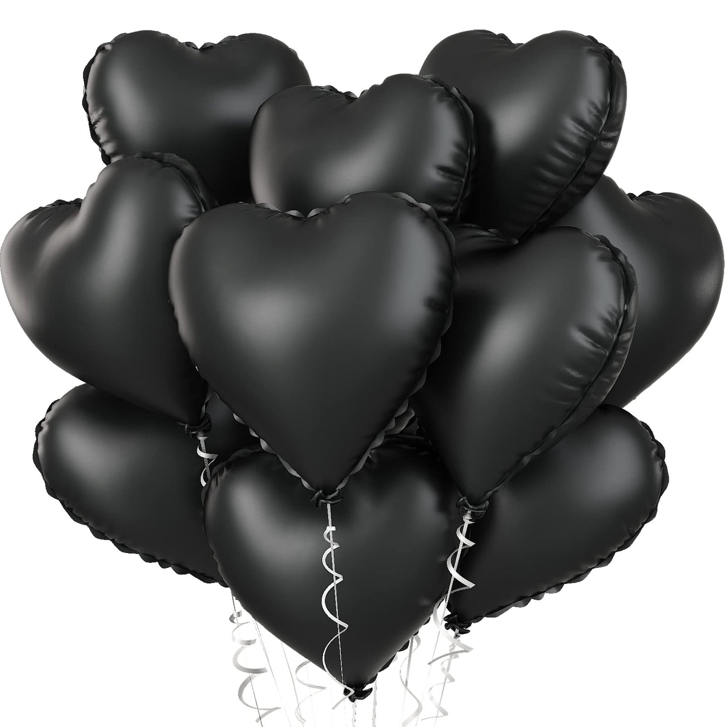 Foil Heart Balloons - 10 Black Heart Shaped Balloons, 18inch Metallic Foil for Valentines Day, Wedding, Birthday, Halloween Party