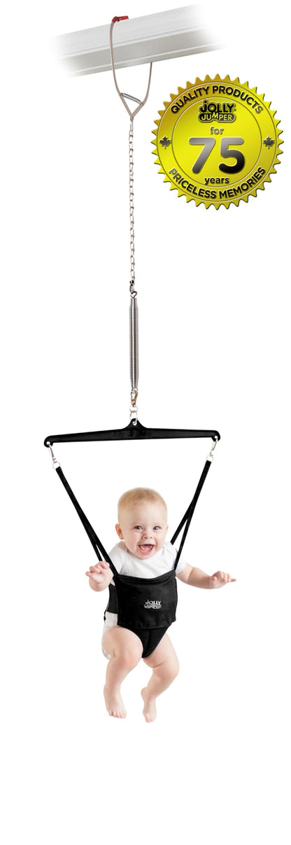 Jolly Jumper Iconic (Black), Doorway Baby Jumper, Indoor Exercise Saddle Seat, Adjustable Height, for Infants up to 28lbs, No Stand Required