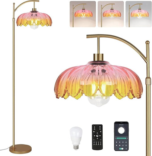 Floor Lamp for Living Room,Bedroom,Gold Dimmable Standing Lamp with Remote,Mid Century Modern Brass Tall Lamp Retro Vintage Glass Lamp Floor Light Boho Bohemian
