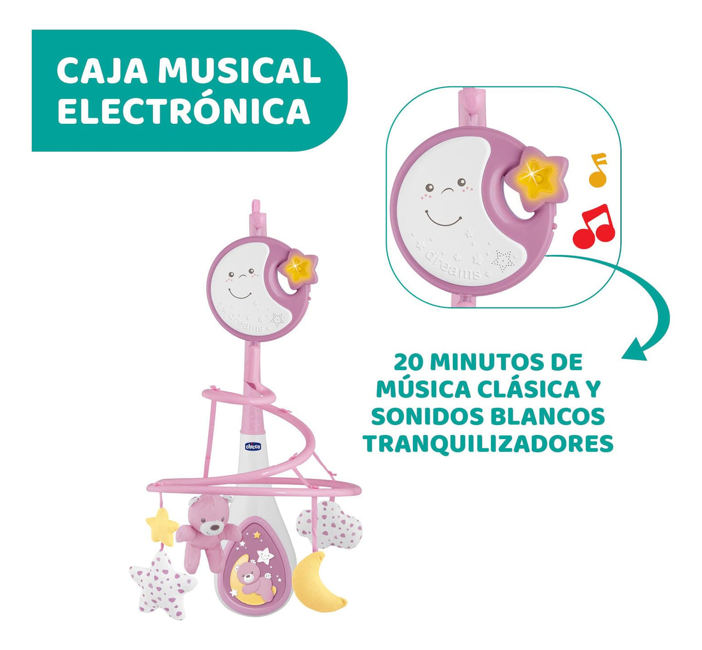Chicco Next2Dreams Baby Mobile with Music Box for Cot and Bed - 3 in 1 Baby Mobile Compatible with Next2Me Cot, with Sound Effects, Soft Night Light Projector and Classical Music - 0+ Months, Pink
