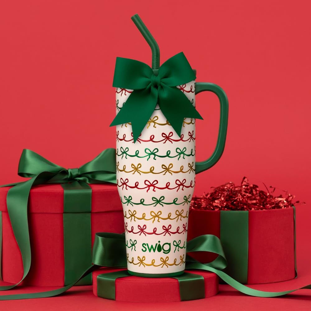 Swig Life 40oz Mega Mug, 40oz Tumbler with Handle and Straw, Extra Large Insulated Tumblers, Cup Holder Friendly Travel Mug (Christmas Bows)
