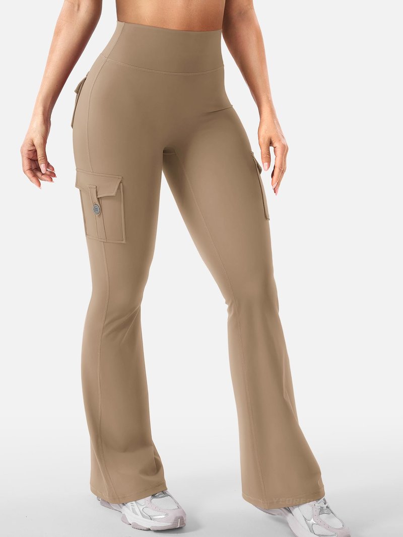 YEOREO CoreFlex Women Workout Flare Leggings with Pockets Hidden Scrunch High Waisted Cargo Gym Yoga Leggings Light Brown XL