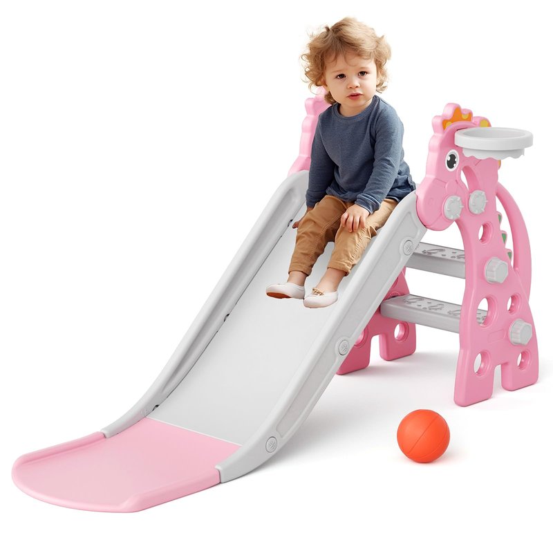 GLAF Toddler Slide Indoor for Toddlers 1-3 Baby Slide Outdoor Playset with Basketball Hoop and Ball Plastic Foldable Slides for Kids Backyard Climber Set (Pink)