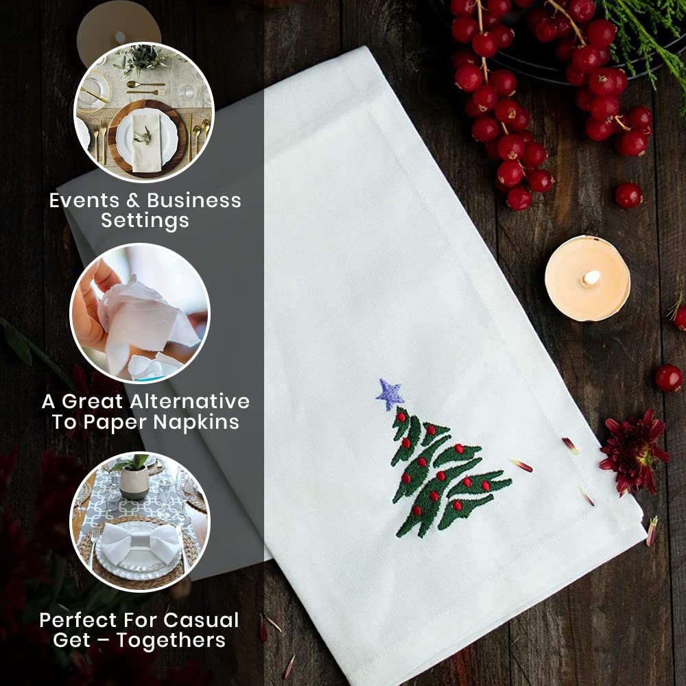 Candy Cottons Christmas Cloth Napkins White Dining Table Dinner Napkins|Washable Cotton Napkins Easter Basket Decor|Christmas Tree Embroidered 18x18 in White Pk of 6 Cocktail Party Napkins