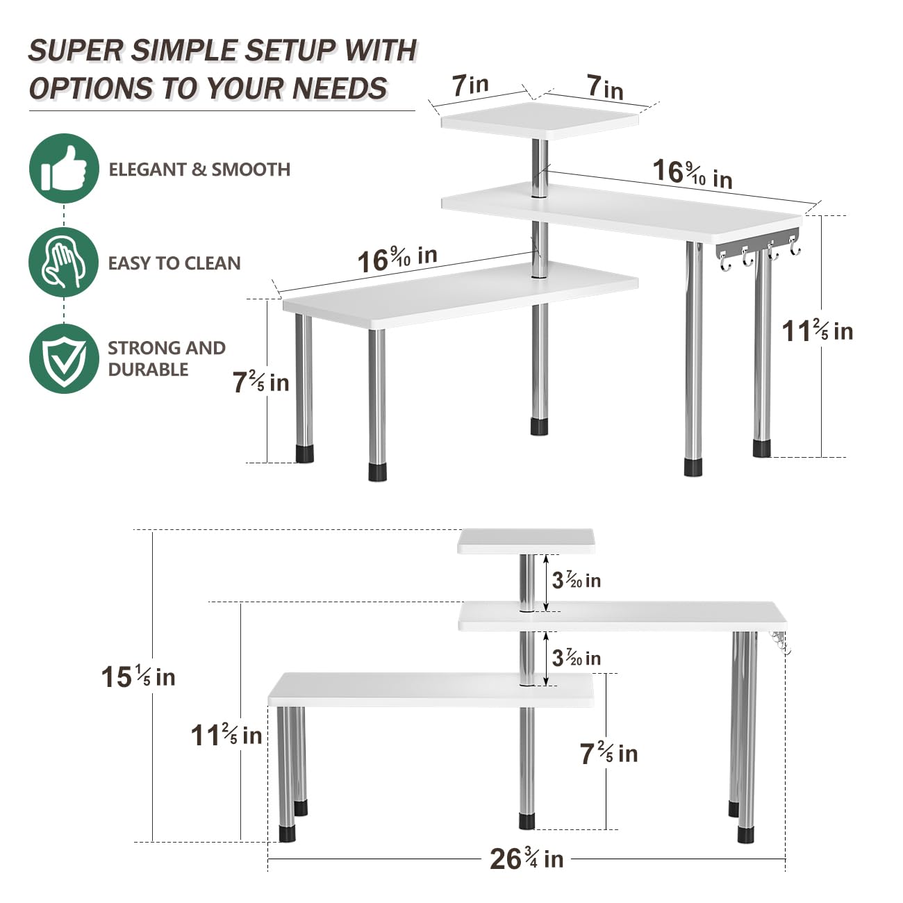 ZHWS Kitchen Countertop Organizer Spice Rack for Salt, Bathroom Counter Organizer Over Sink for Makeup, Skincare, Adjustable 3-Tier Corner Counter Shelf with 4 Hooks for Coffee Bar Dresser Table