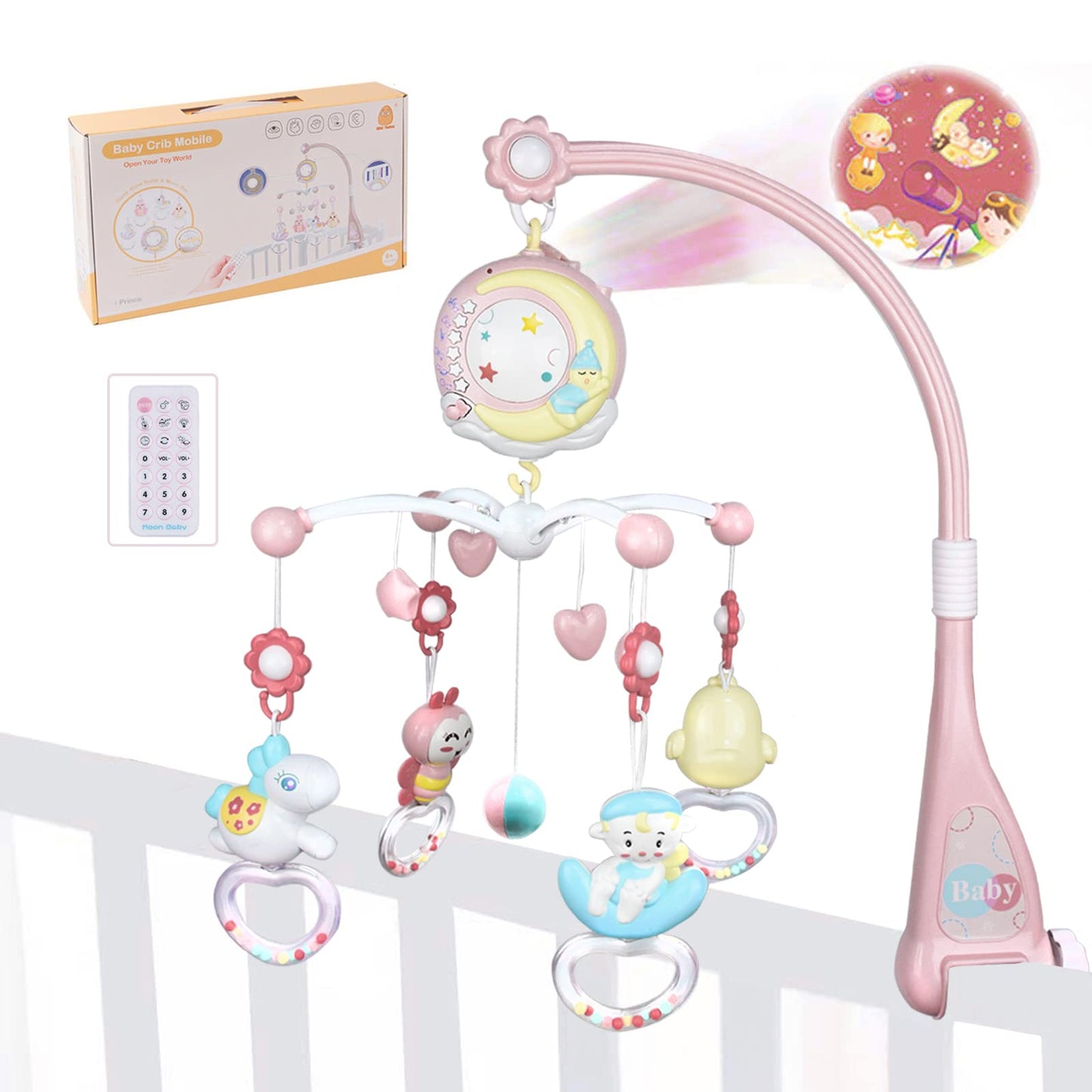 Aolkee 360° Rotating Baby Musical Cot Mobile with Lights, Hanging Rotating Rattles, Remote Control Music Box, Timing Function, Gift for Newborn Toddler