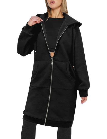 Zeagoo Women Casual Zip up Hoodies Fleece Tunic Sweatshirt Oversized Long Hoodie Jacket with Pocket Black