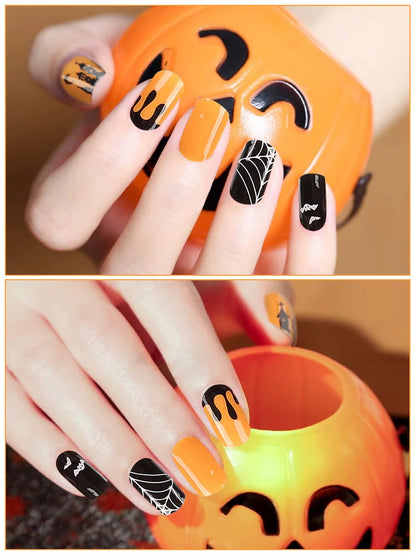 Halloween Cured Gel Nail Polish Strips, TOROKOM 20 Stickers Halloween Gel Nail Polish Stickers Full Wraps Nail Art Stickers Bat Spider Net Face Gel Stickers with Nail File and Stick