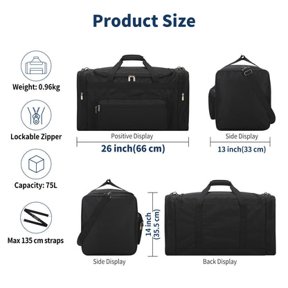 Sport Holdall Duffle Bag 75L Gym Duffle Bag with Shoulder Strap Overnight Weekender Bag for Men and Women (Black, 75L)