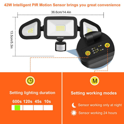 MEIKEE 42W Led Security Lights with Motion Sensor Black PIR Floodlights Outdoor Lights IP66 Waterproof 6500K 180° Adjustable Garden Light for Garage Corridors Terraces Courtyards