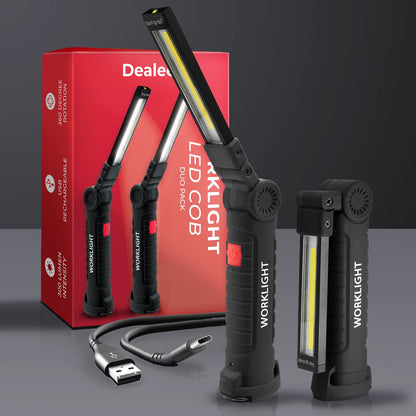 Dealeez Rechargeable LED Work Light Torch - 2 Pack Mechanic Inspection Lamp - Magnetic Base & Mounting Hook -5 Lighting Modes Ideal for Garage, Emergency, Home & Car (Black) Gifts for Men