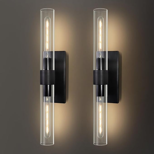 Modern Wall Sconces Set of 2, 22.8", 2-Light Indoor Wall Mounted Sconces with Glass Shade, Bathroom Black Vanity Light for Living Room,Hallway Entryway Stairway
