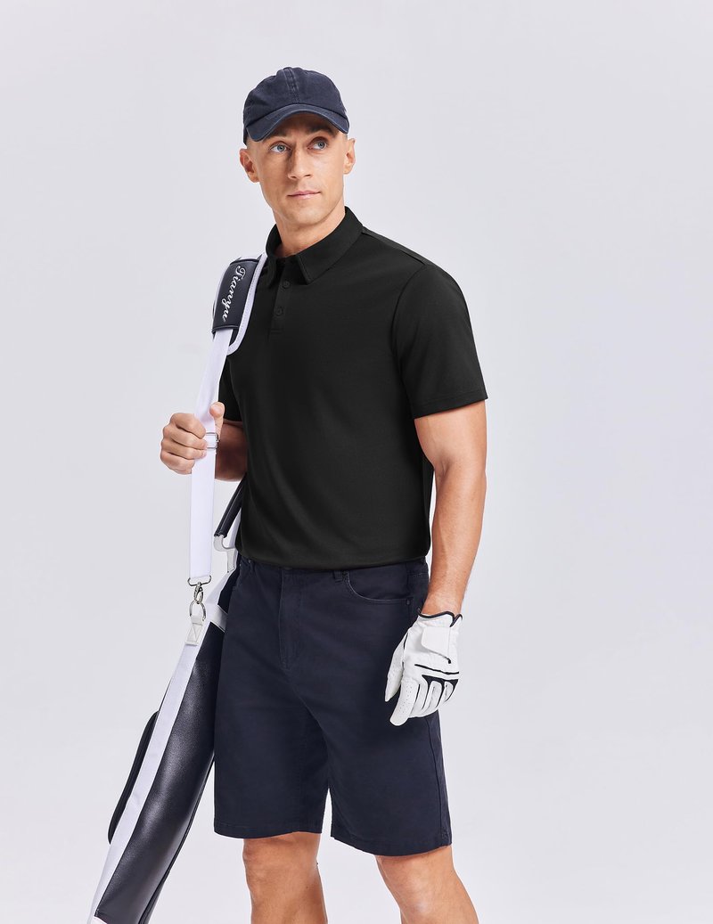PINSPARK Mens Golf Shirt 3 Buttons Quick Dry Polo Shirts for Men Short Sleeve Casual Stylish Collared Polo Shirts Black