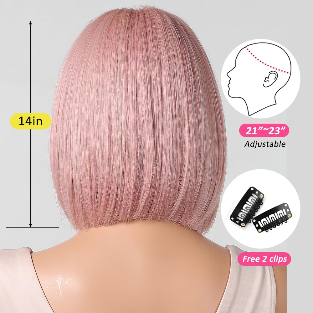 OUFEI Pink Bob Wig With Bangs Short Straight Wig For Women Synthetic Hair Wigs for Daily Party Cosplay Wear