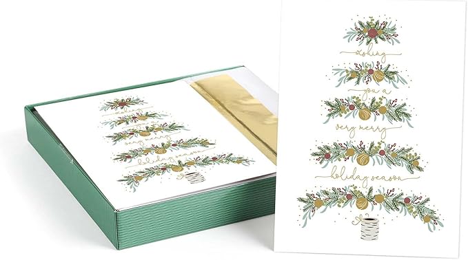 Between The Branches Gold Foil Holiday Cards / 16 Boxed Christmas Cards With Foil Lined Envelopes / 5 5/8" x 7 7/8" Folded Seasonal Winter Tree Greeting Cards With Inside Verse