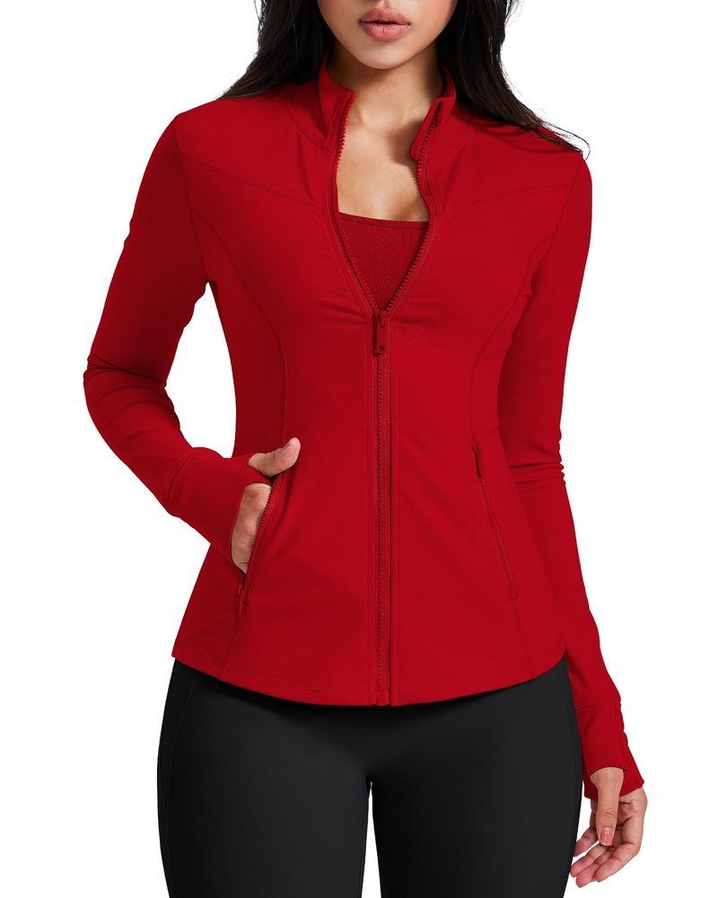 AVGO Running Jackets for Women Long Sleeve Zip Up Track Workout Jacket Cottony Soft Yoga Gym Top with Pockets (Red, Medium)