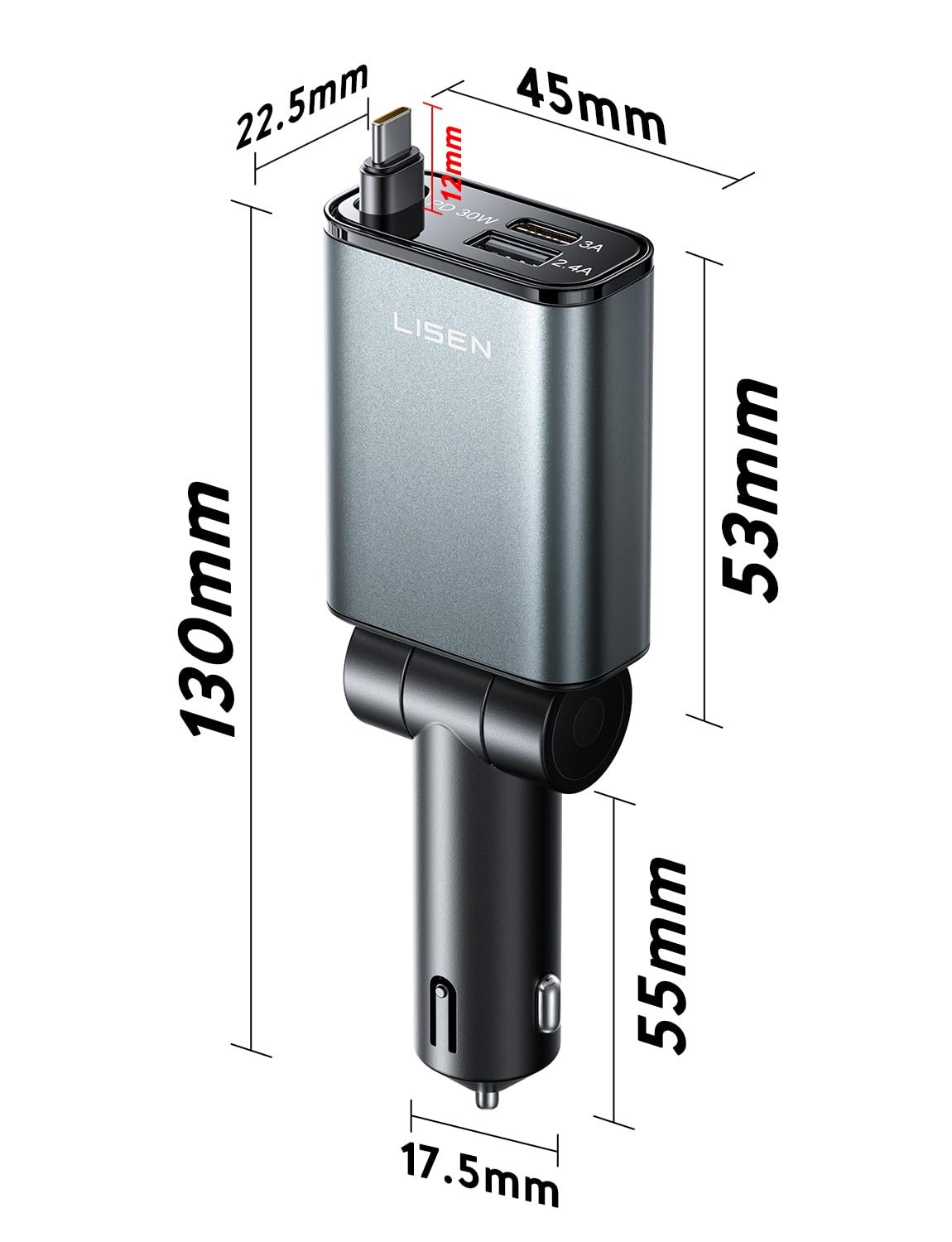LISEN Retractable Car Charger Adapter for iPhone 17 Pro Max【2025 Ultra Compact】57W USB C Car Phone Charger Best Car Accessories for Men Women Super Fast Cigarette Lighter USB Charger, Grey