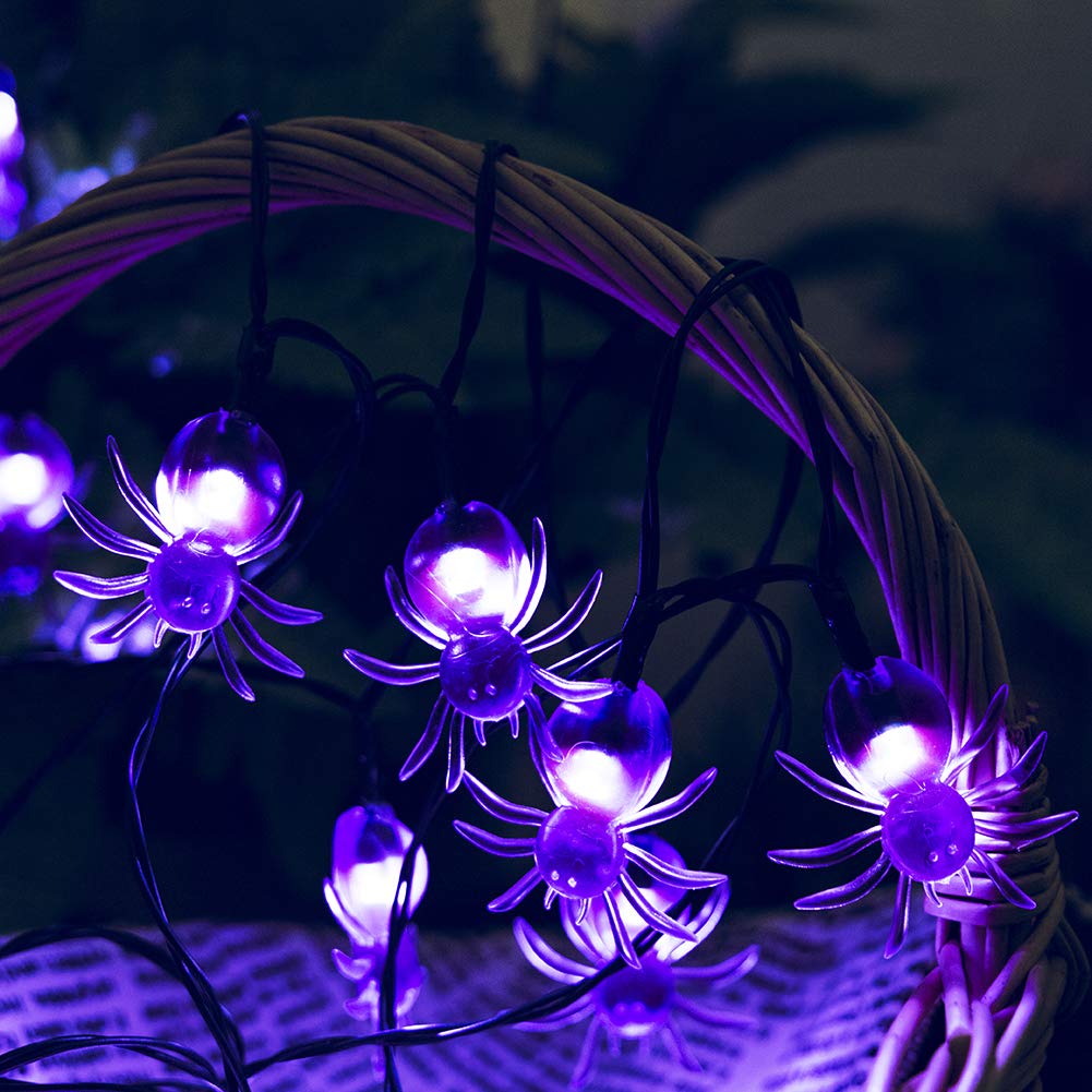 Qunlight Halloween Solar Lights, 2Pack 30 LED 20ft Purple Spider String Light with 8 Modes,Solar Power Waterproof Fairy Lights for Halloween Party,House,Garden,Yard Decoration Indoor Outdoor